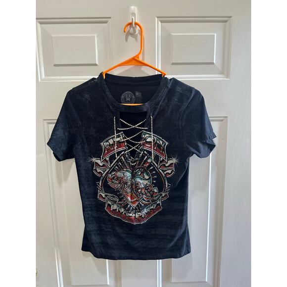 Affliction NWOT American Customs Chromium Heart T-Shirt Sz S Lace Up Bling - Picture 3 of 8